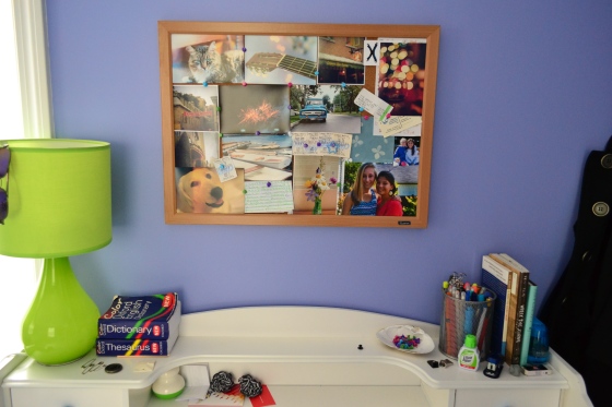 my desk and photo bulletin board